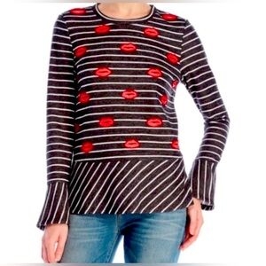 Nanette Lepore Black and White Striped Top With Red Beaded Lips Size Small